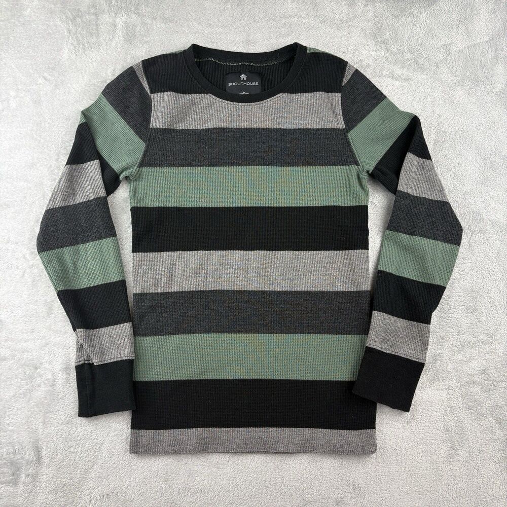 Shouthouse Thermal Waffle Knit Shirt Boys Large Black Gray Green Stripes Outdoor